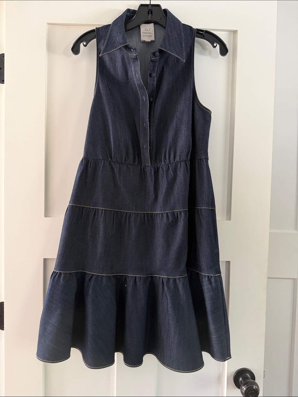 cinq a sept Sleeveless Dark Navy Tiered Denim Midi Dress